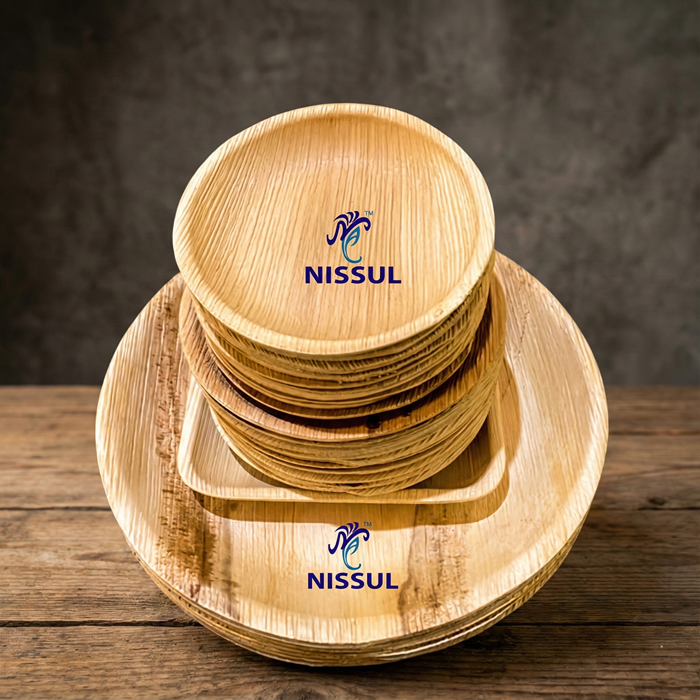 Assorted NISSUL areca leaf plates and bowls